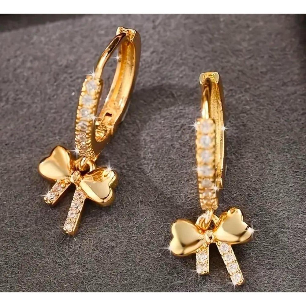 Gold Bow Charm Hoop Earrings Rhinestone Dainty Huggie Dangle Jewelry